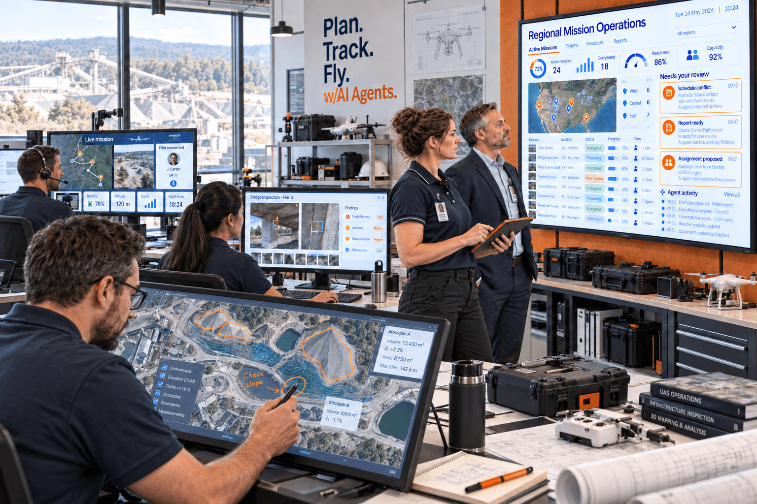 Drone operations team reviewing live missions, inspection data, and AI-assisted recommendations