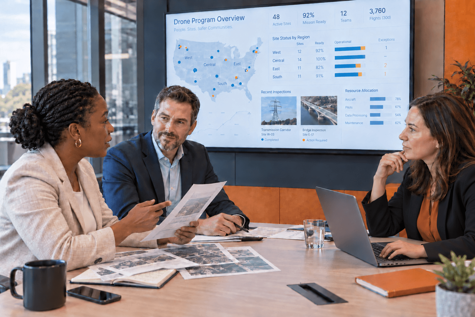 Enterprise team reviewing a multi-site drone program dashboard