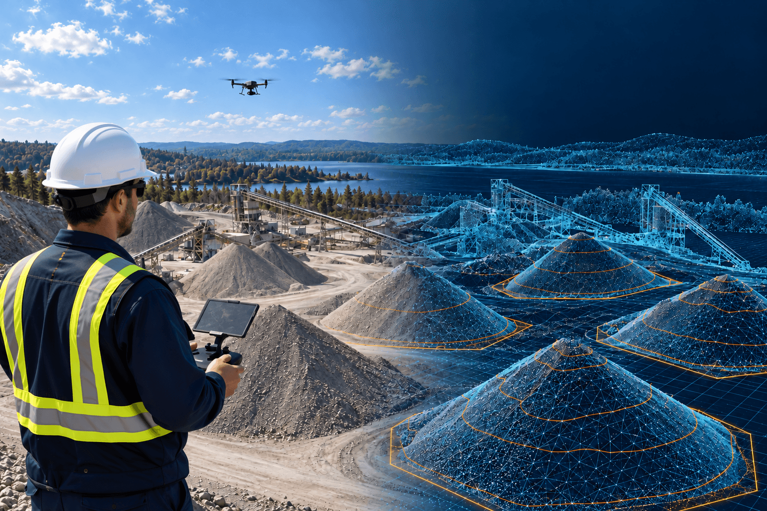Piloto de drones en una cantera con una vista de gemelo digital de los acopios de material