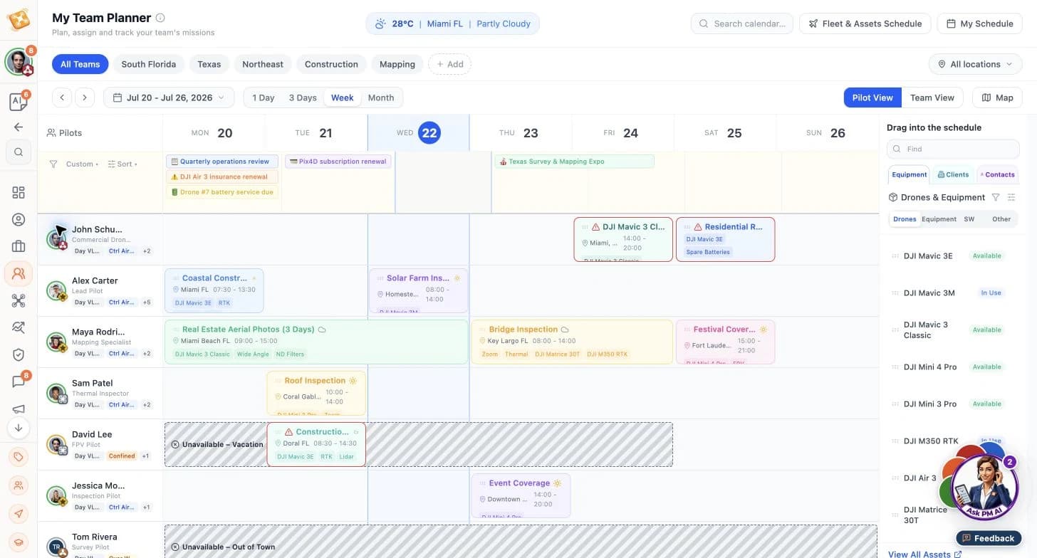 DroneJob showing team planner with pilot assignments.