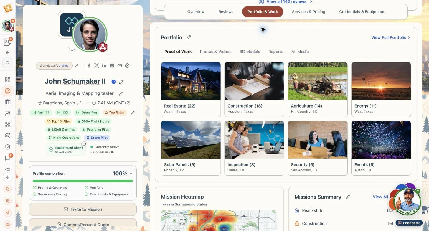 Sample portfolio categories and proof of work.