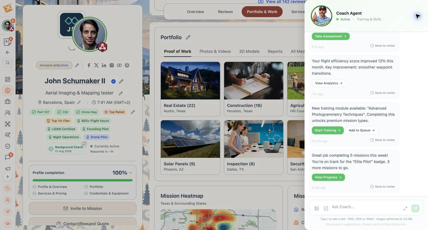 Coach development support in a demonstration product workspace.