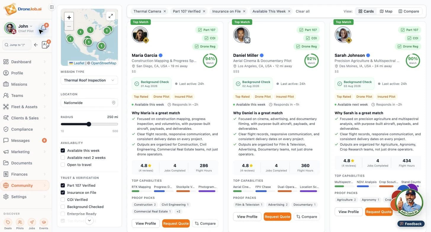 Sample pilot directory with professional evidence and search context.