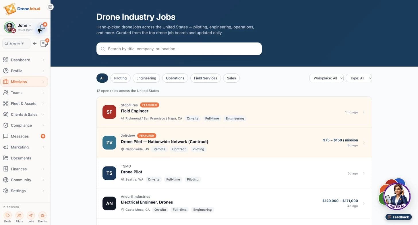 Sample jobs and projects board with listing details.