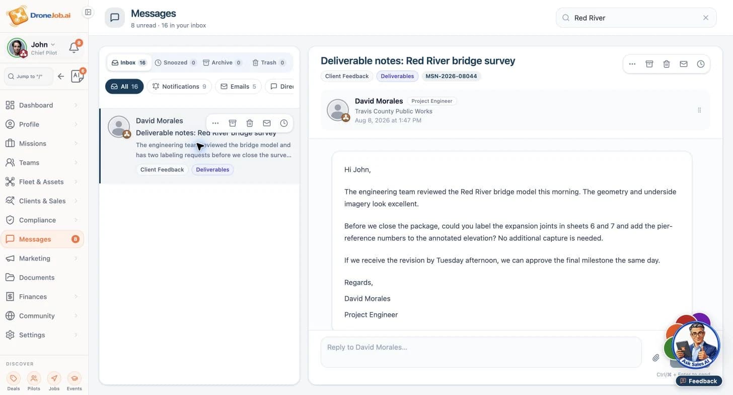 Demonstration client message requesting specific deliverable revisions.