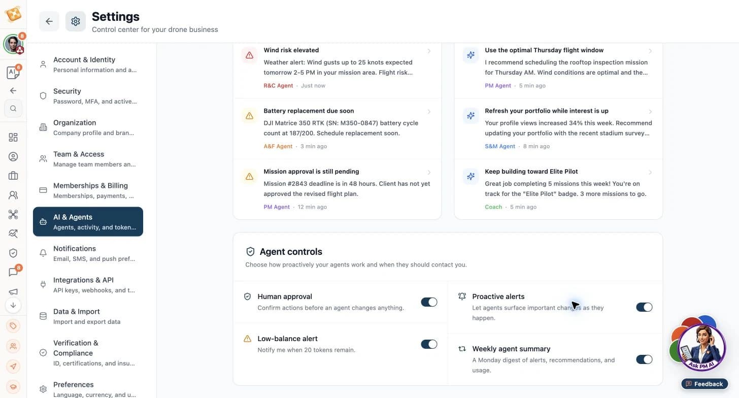 Product control settings for approvals and agent actions.