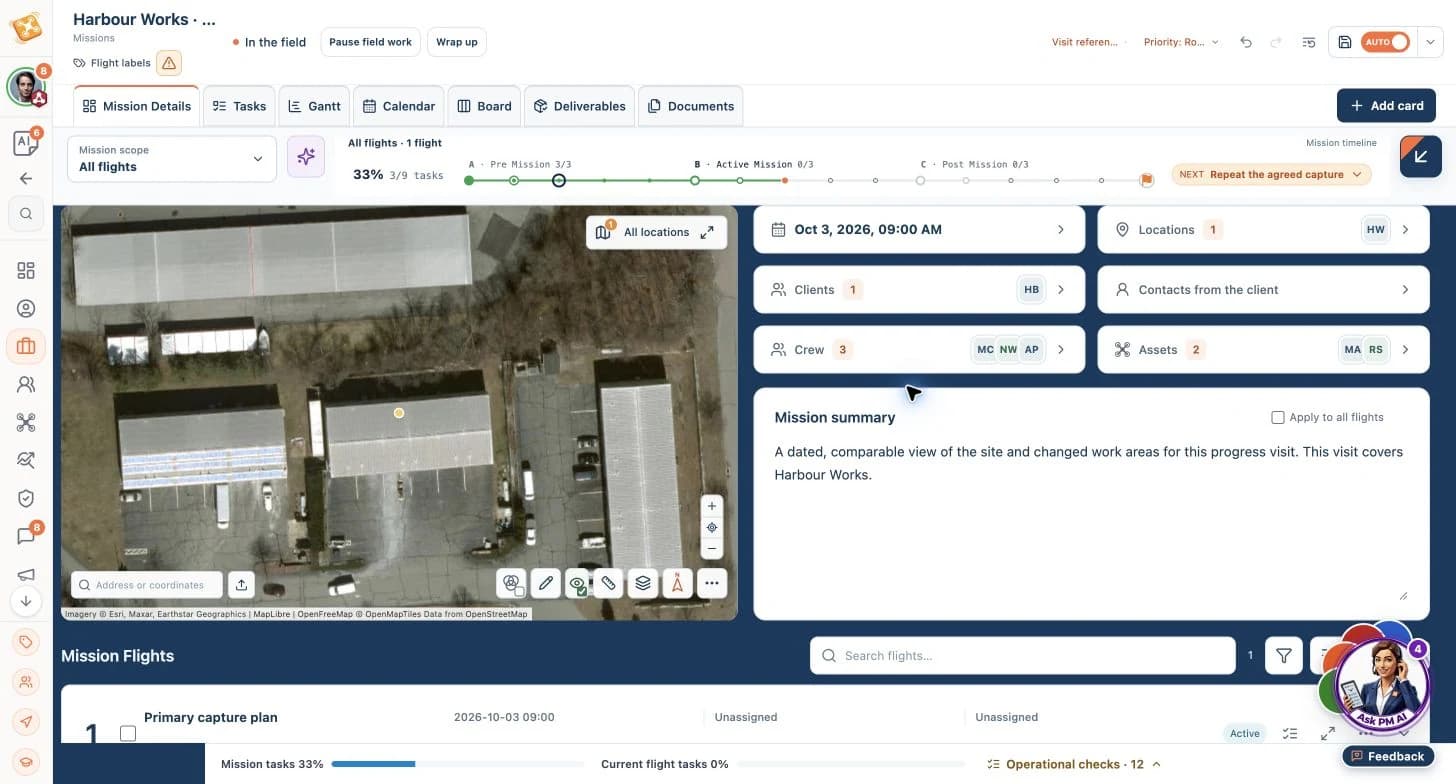 DroneJob showing mission setup — Harbour Works · October progress.