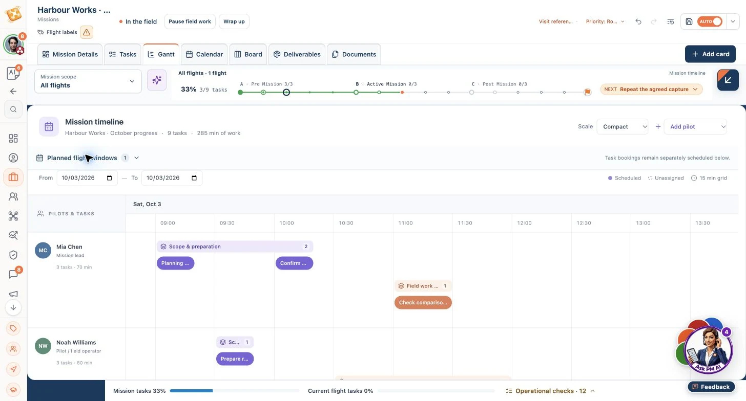 DroneJob showing schedule alternative — Harbour Works · October progress.