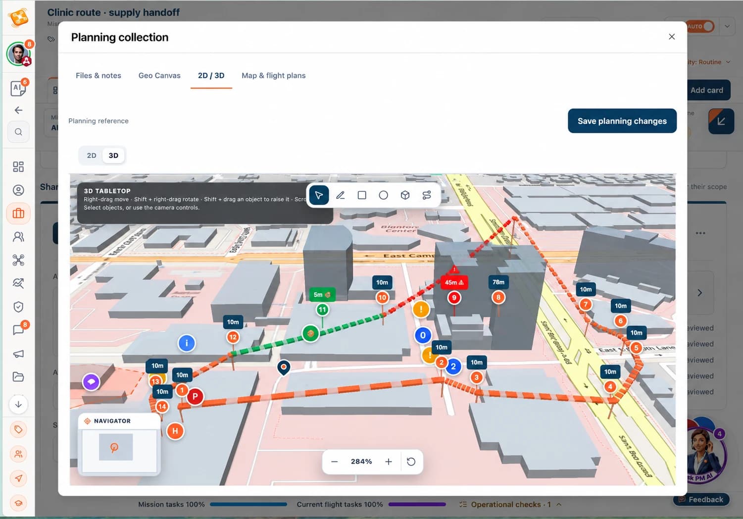 DroneJob delivery route-planning composite showing 3D buildings, route waypoints and handoff locations.