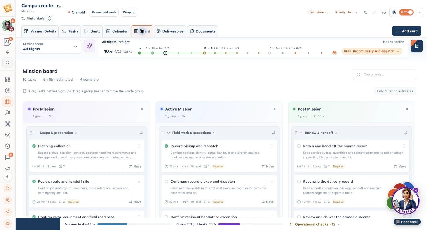 Campus route · recipient exception demonstration with outstanding review and next-action context.