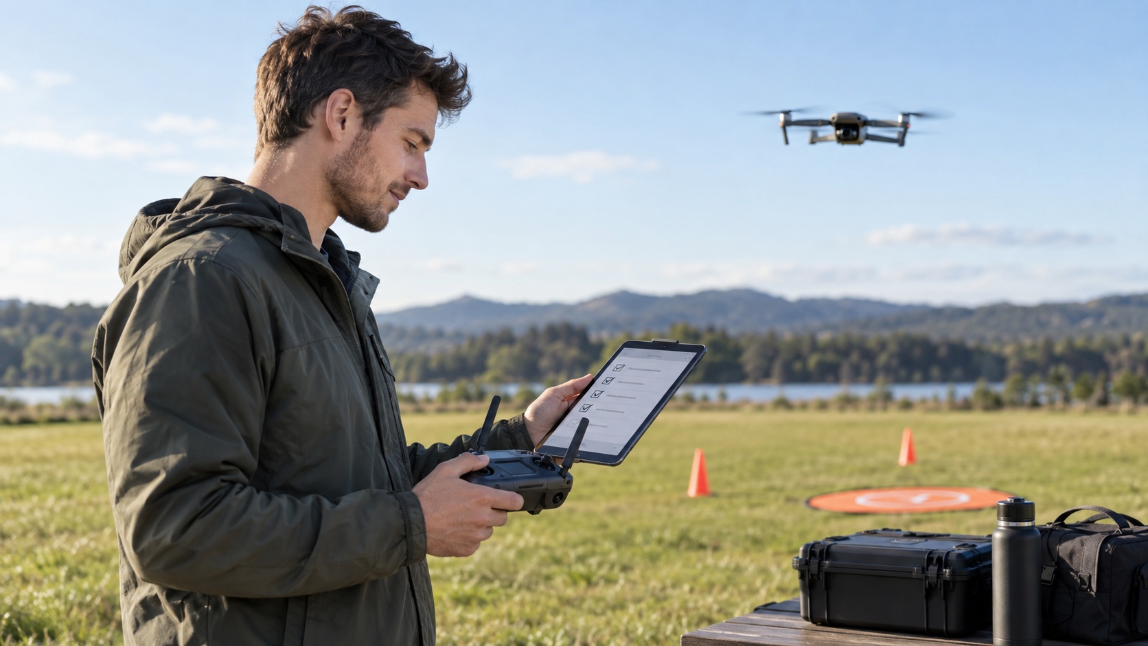 Piloto de drones principiante practicando con un control y una lista de aprendizaje