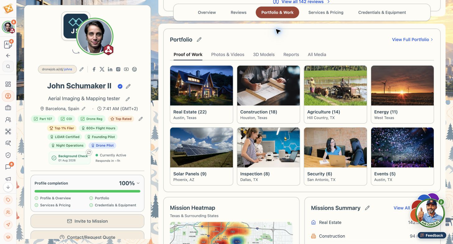 Sample portfolio categories and proof of work.