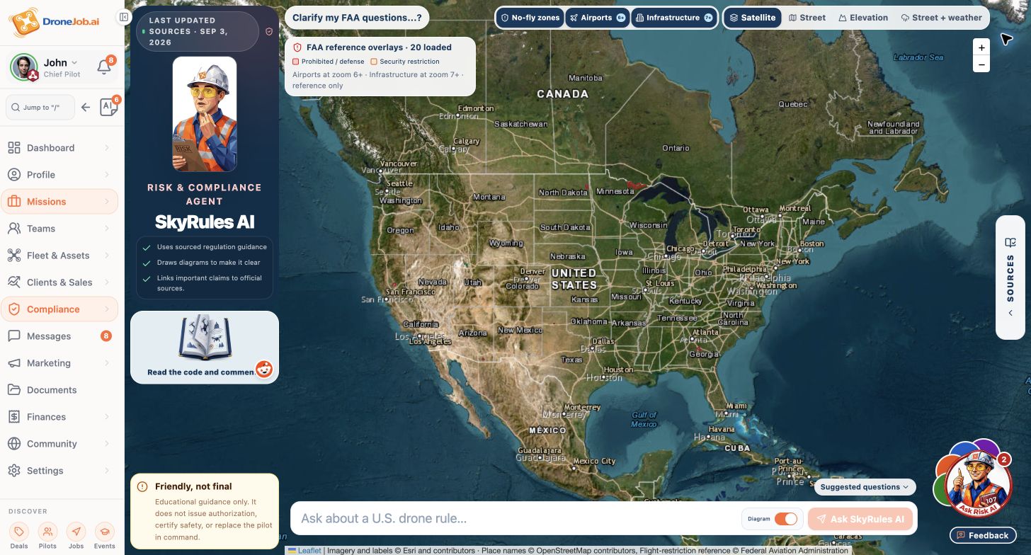 DroneJob showing skyRules AI map and sourced guidance entry.