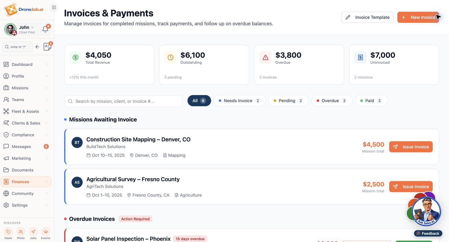 Sample invoice records and payment statuses.