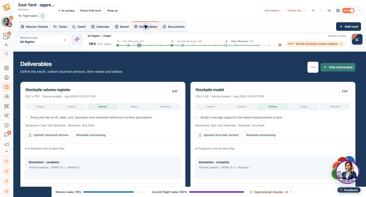 Product sample for Stockpile inventory · illustrative review showing mission context and evidence-review tasks.
