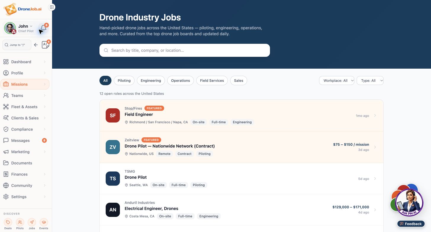 Sample jobs and projects board with listing details.
