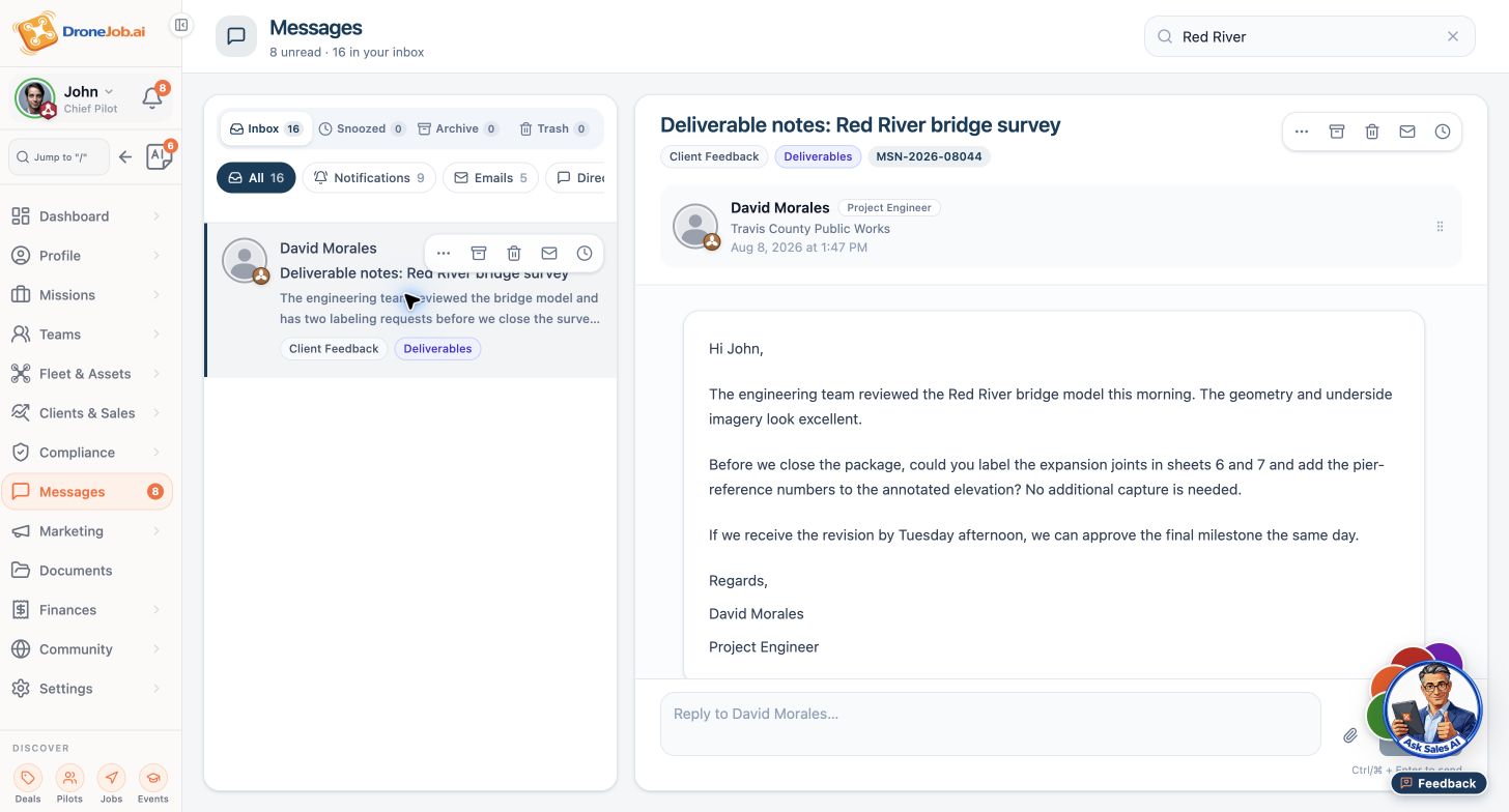 Demonstration client message requesting specific deliverable revisions.