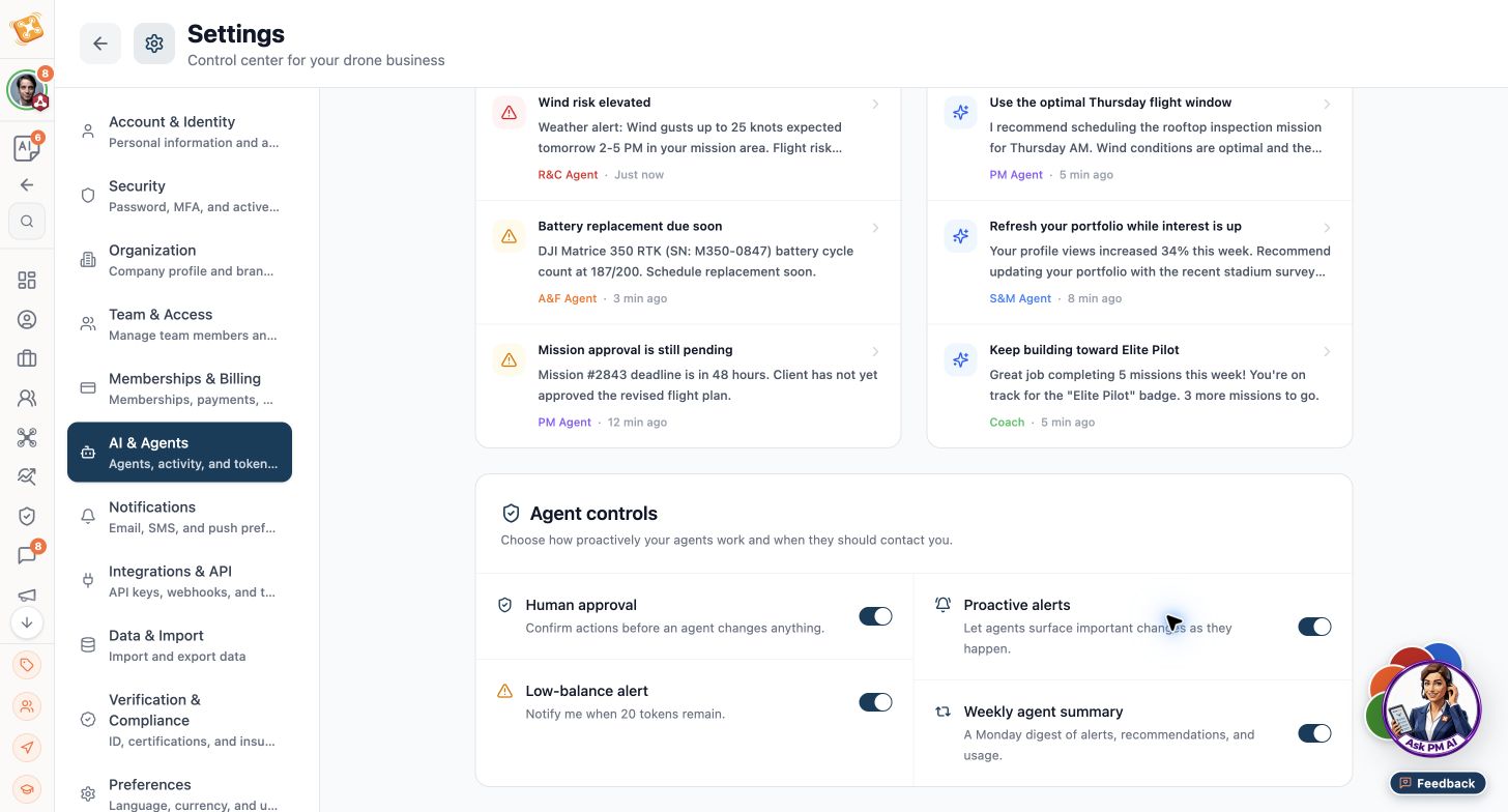 Product control settings for approvals and agent actions.