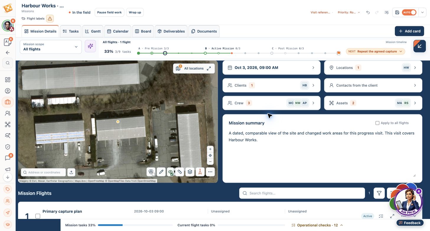DroneJob showing mission setup — Harbour Works · October progress.