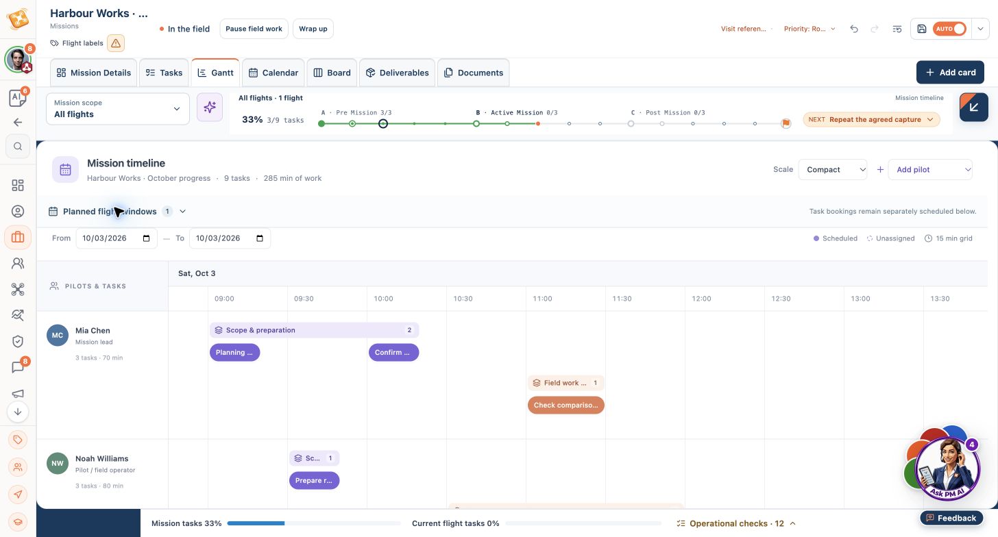 DroneJob showing schedule alternative — Harbour Works · October progress.