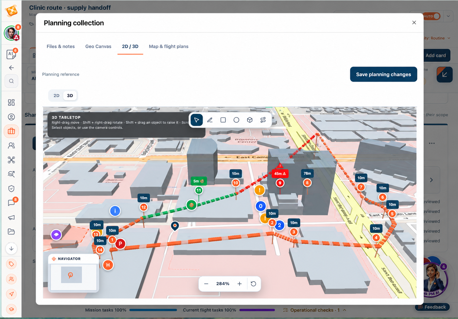 Composición de planificación de rutas de entrega de DroneJob con edificios3D, puntos de ruta y lugares de entrega.